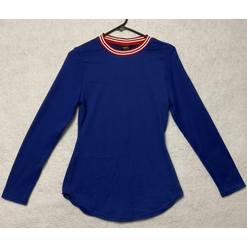 Rue21 Shirt Womens Medium Blue Long Sleeve Ringer‎ Crewneck Slim Stretch Top